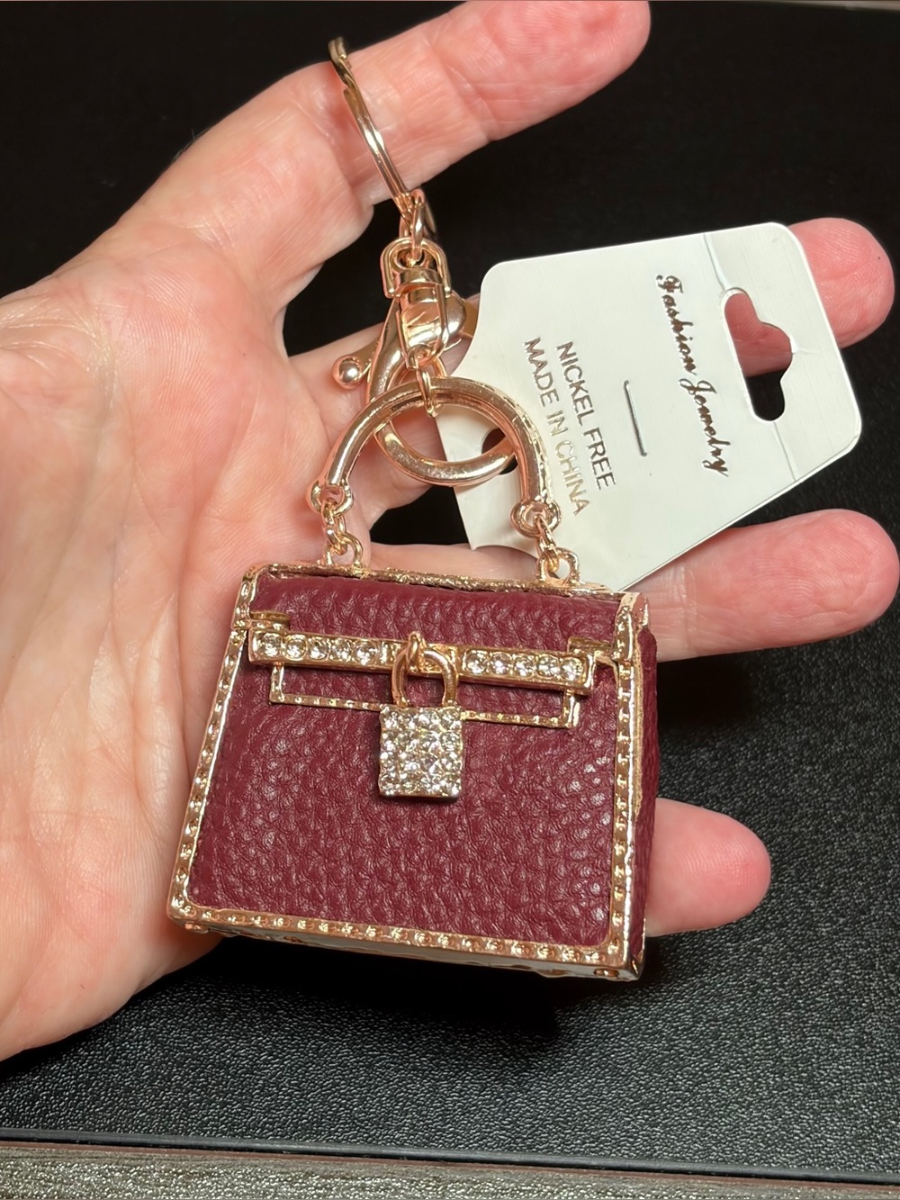Burgundy Mini Handbag Keychain with Gold Crystal Accents